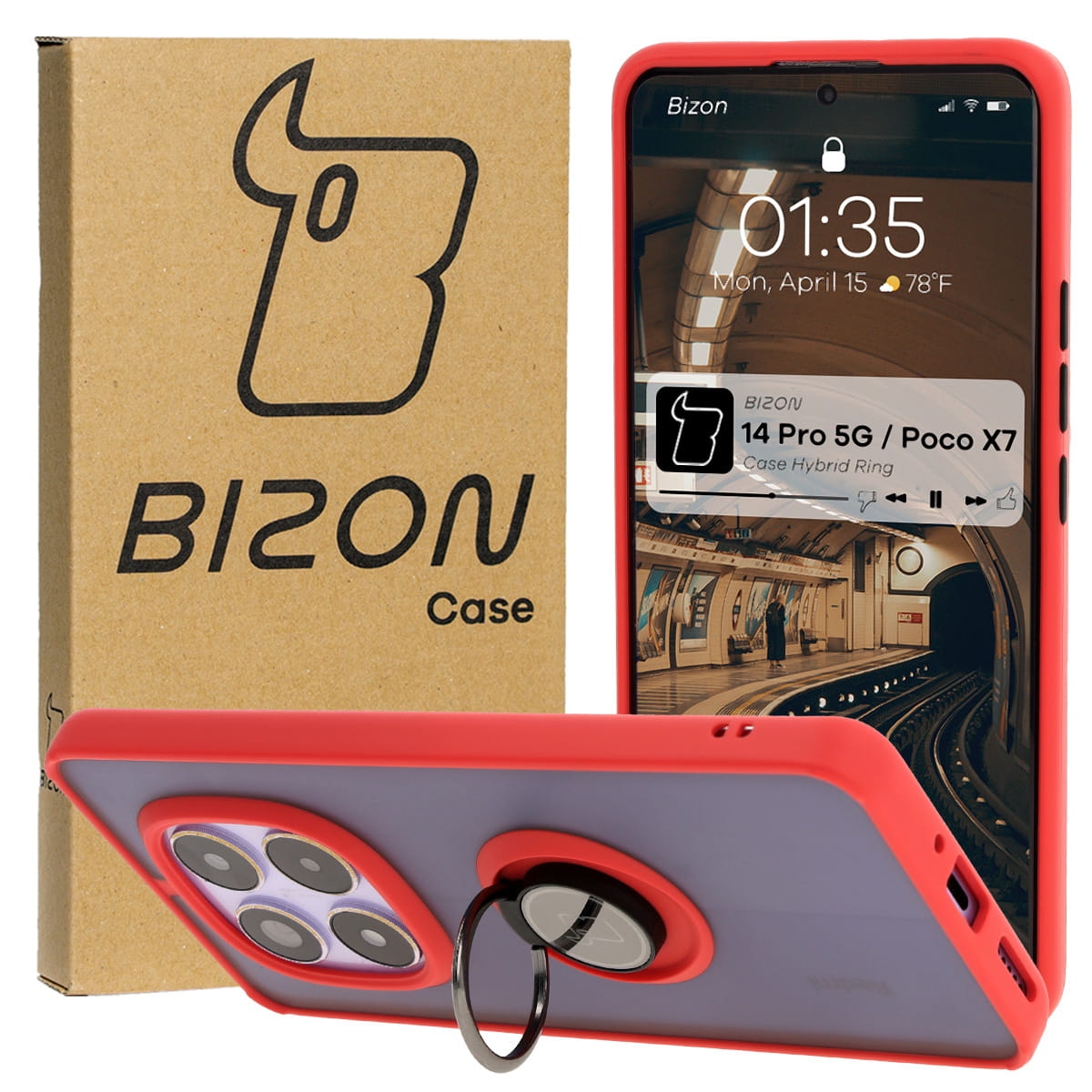 Image of Etui z uchwytem na palec Bizon Case Hybrid Ring do Xiaomi Redmi Note 14 Pro 5G / Poco X7, przydymione z czerwoną ramką