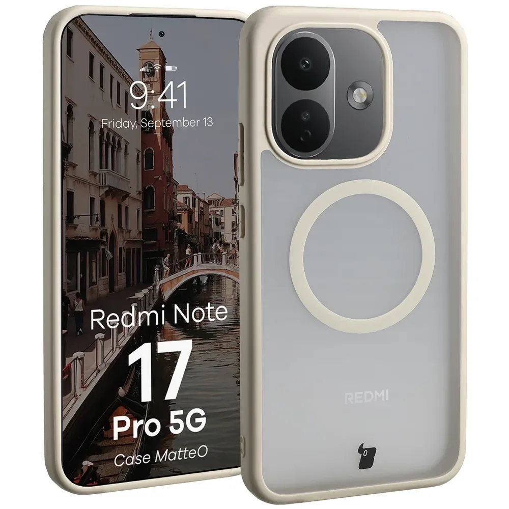 Etui z pierścieniem magnetycznym Bizon Case MatteO do Xiaomi Redmi Note 17 Pro 5G, przydymione-beżowe