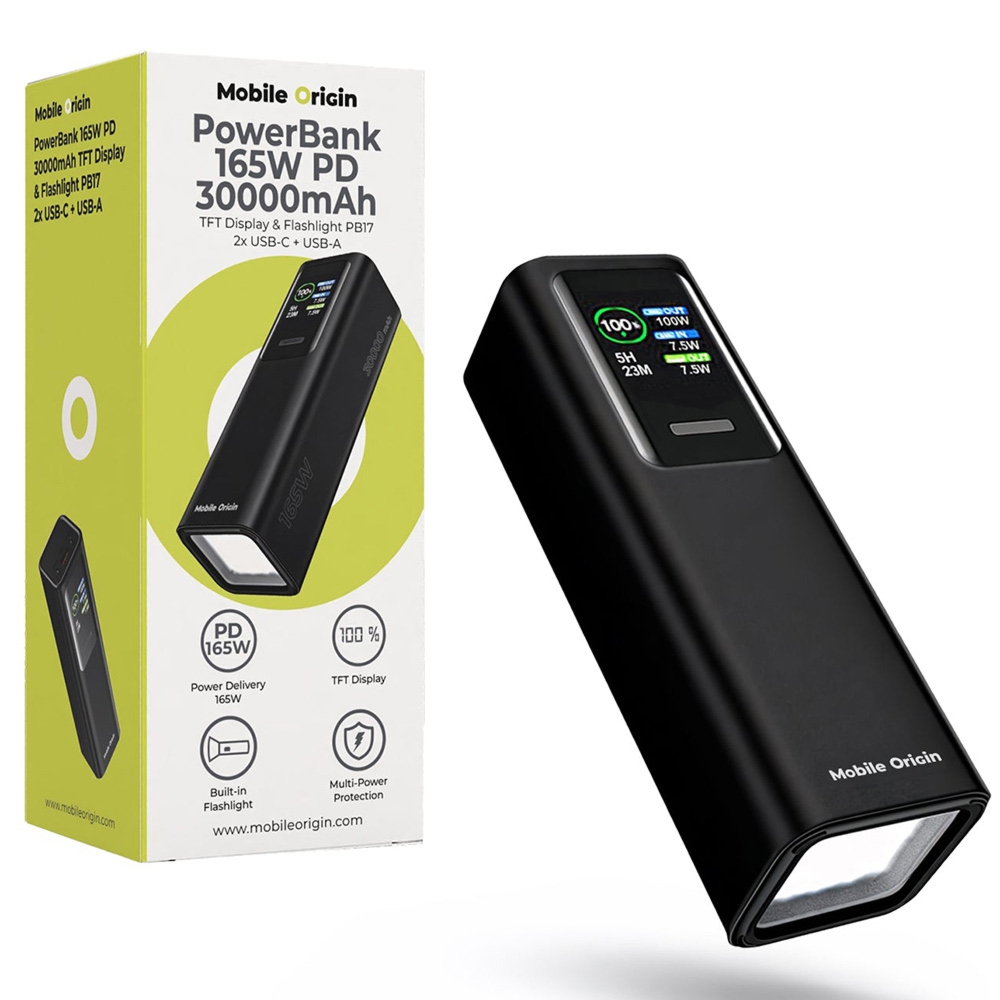 PowerBank z wyświetlaczem TFT i latarką 240lm, 2x USB-C PD 100W + USB-A, 30000mAh, 165W, Mobile Origin PB17, czarny