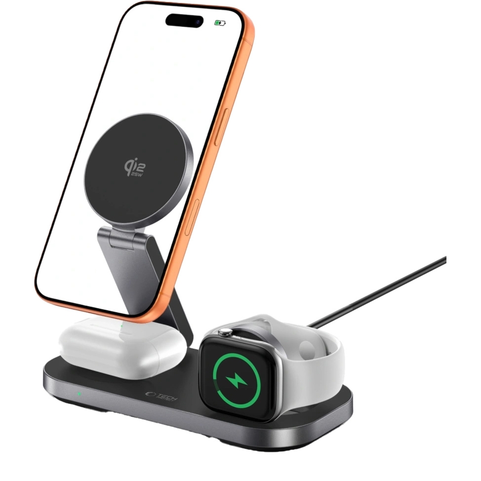 Ładowarka indukcyjna, składana Tech-Protect A52 25W 3w1, Qi2.2 do MagSafe, czarna