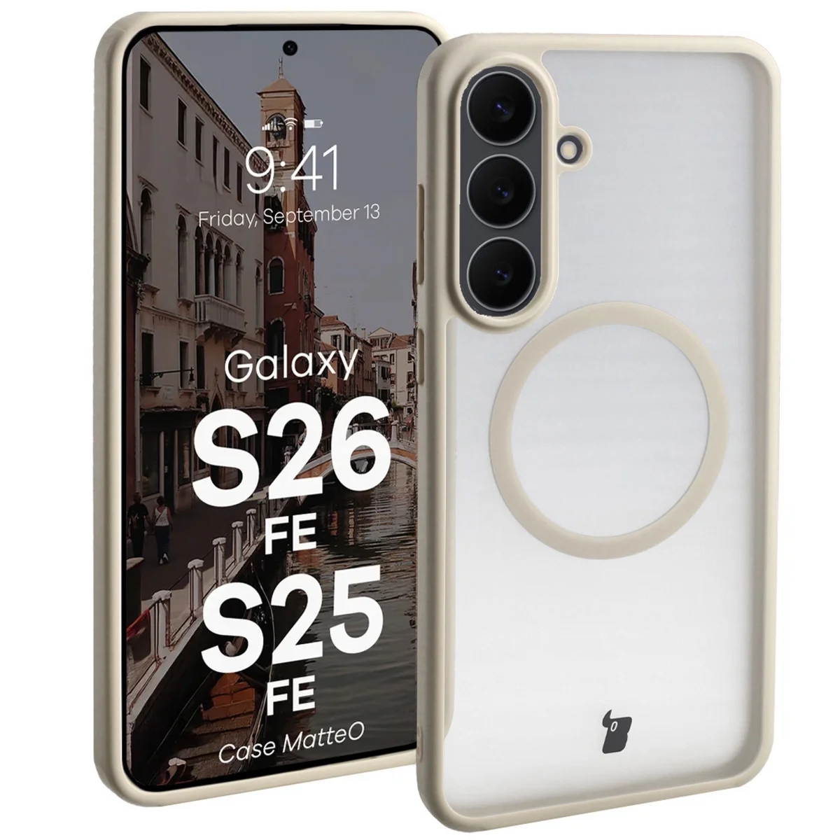 Etui z pierścieniem magnetycznym Bizon Case MatteO do Galaxy S26 FE / S25 FE, przydymione-beżowe