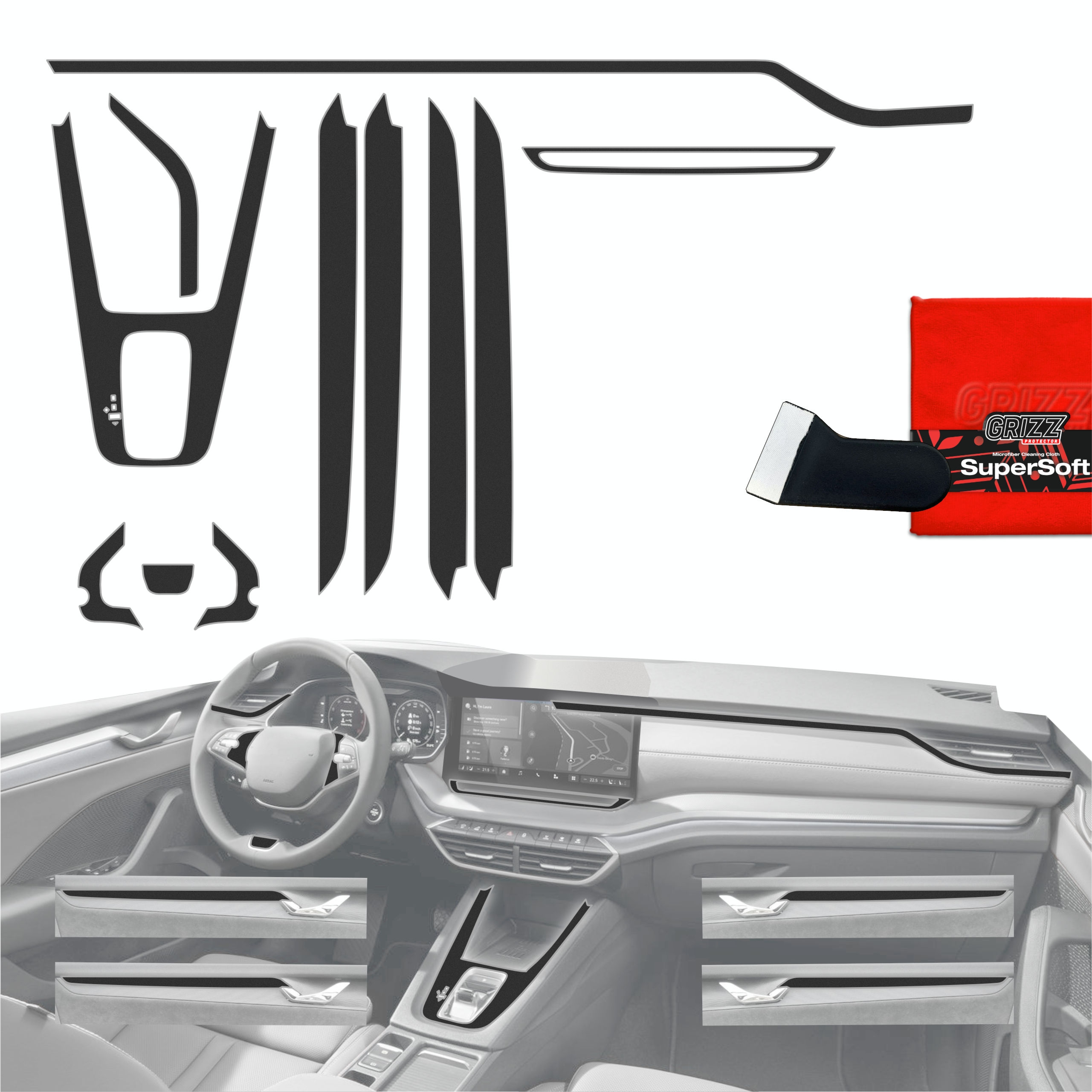 Folia do wnętrza Skoda Octavia 4 13″ Facelift (2024-2026) Grizz Protector 11w1 Czarna Antyodciskowa