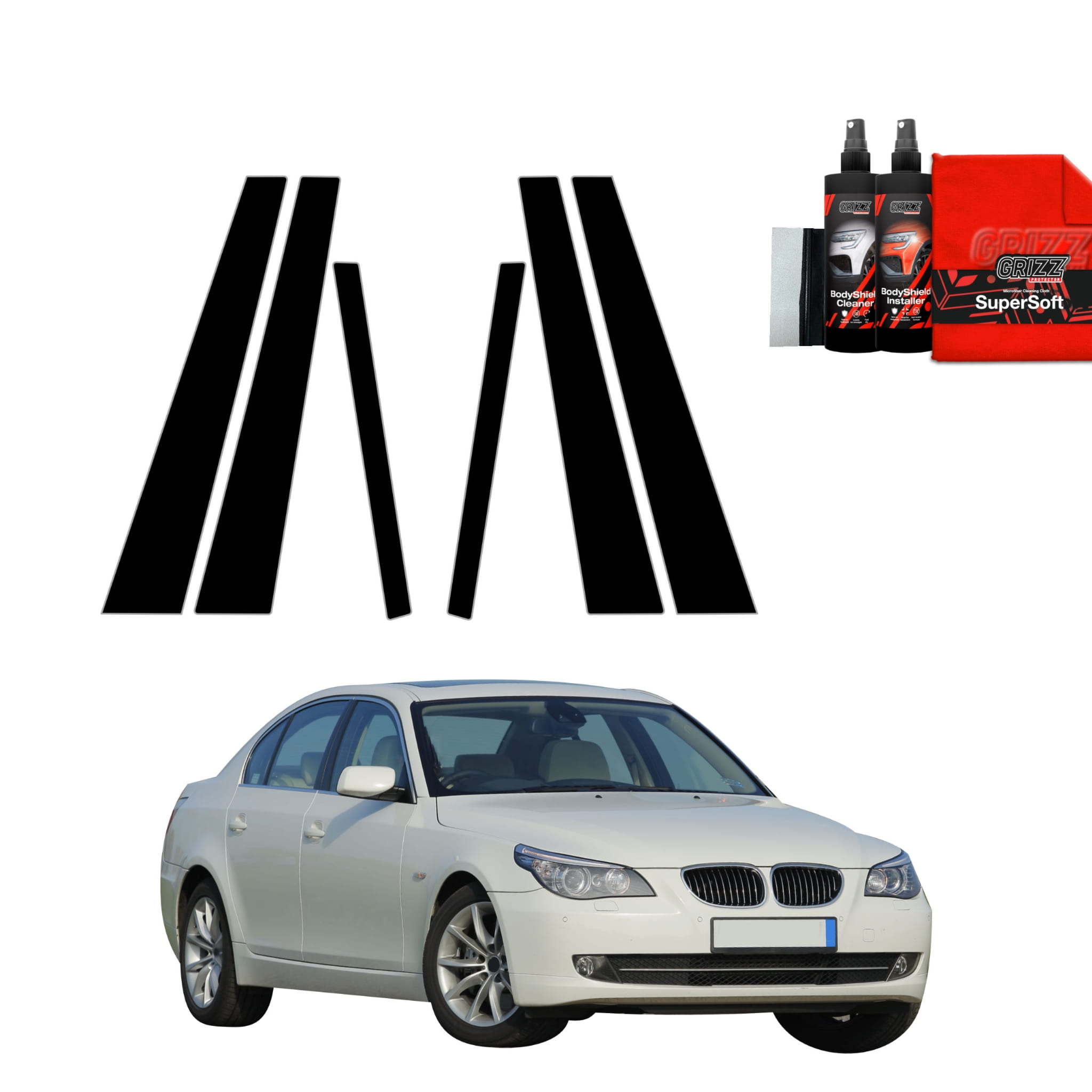 6w1 Czarna folia Grizz Protector na słupki do BMW 5 E60 Sedan 4D (2007-2010)