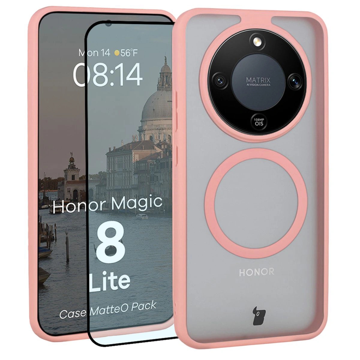 Etui z pierścieniem magnetycznym + szkło hartowane Bizon MatteO Pack do Honor Magic8 Lite, przydymione-jasnoróżowe