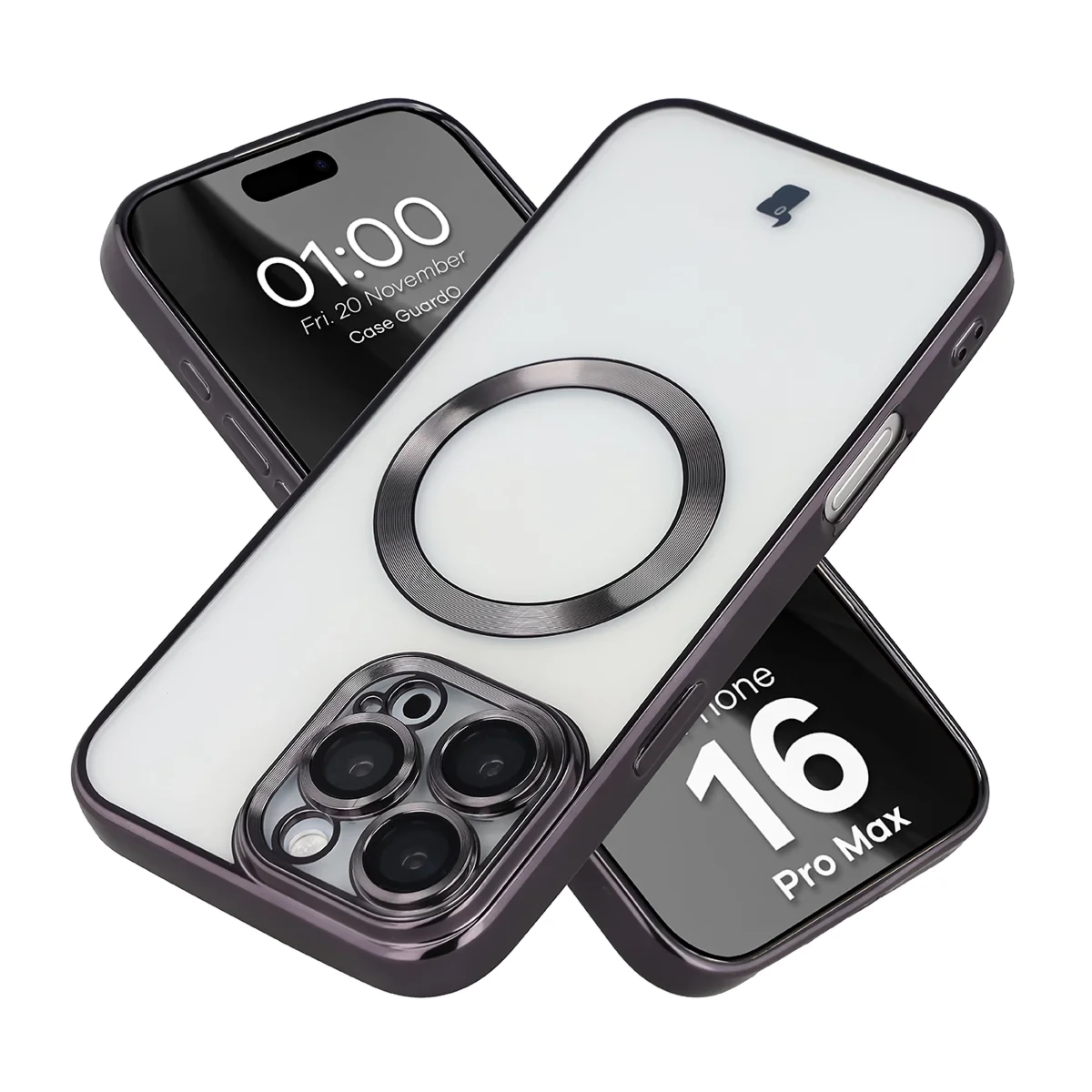 Etui z ochroną aparatu i pierścieniem magnetycznym Bizon Case GuardO do iPhone 16 Pro Max, przezroczysto-czarne