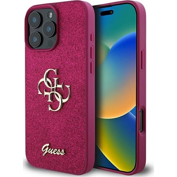 Image of Etui Guess HardCase Glitter Script Big 4G do iPhone 16 Pro, różowe