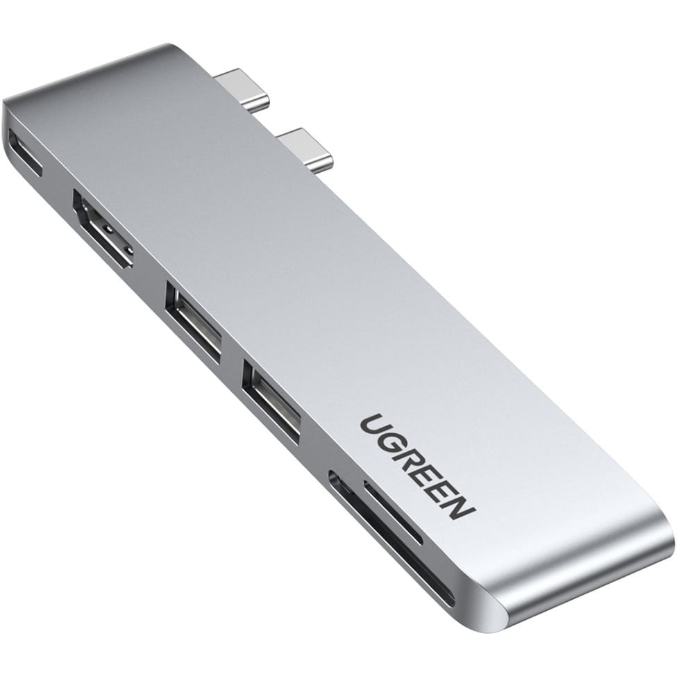 OUTLET: HUB Ugreen rozdzielacz do MacBooka 2x USB Typ C – USB-C Thunderbolt 3, 2x USB-A 5Gb/s, HDMI 4k30Hz, SD, TF,  srebrny