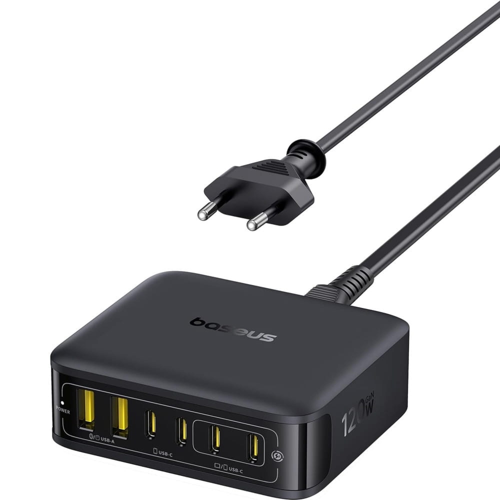 Stacja ładująca GaN, ładowarka biurkowa 120W 4x USB-C / 2x USB-A, Baseus EnerFill FH21, czarna