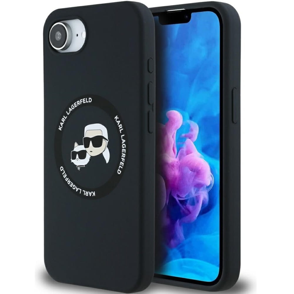 Image of Etui Karl Lagerfeld Hard Case Silicone Karl & Choupette Heads Ring MagSafe do iPhone 16e, czarne