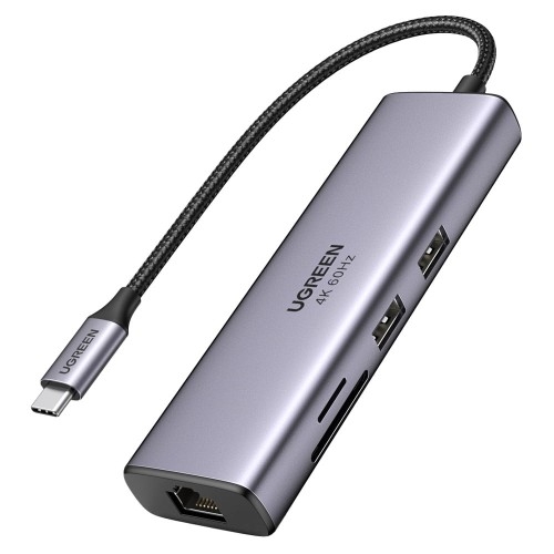 Image of HUB Ugreen 7w1 wielofunkcyjny USB-C - 2x USB 3.2 Gen 1, HDMI 4K 60Hz, SD, TF, RJ45 1Gbps, USB-C PD 100W, szary