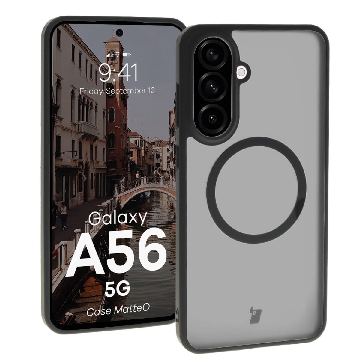 Etui z pierścieniem magnetycznym Bizon Case MatteO do Galaxy A56 5G, półprzezroczyste z czarną ramką