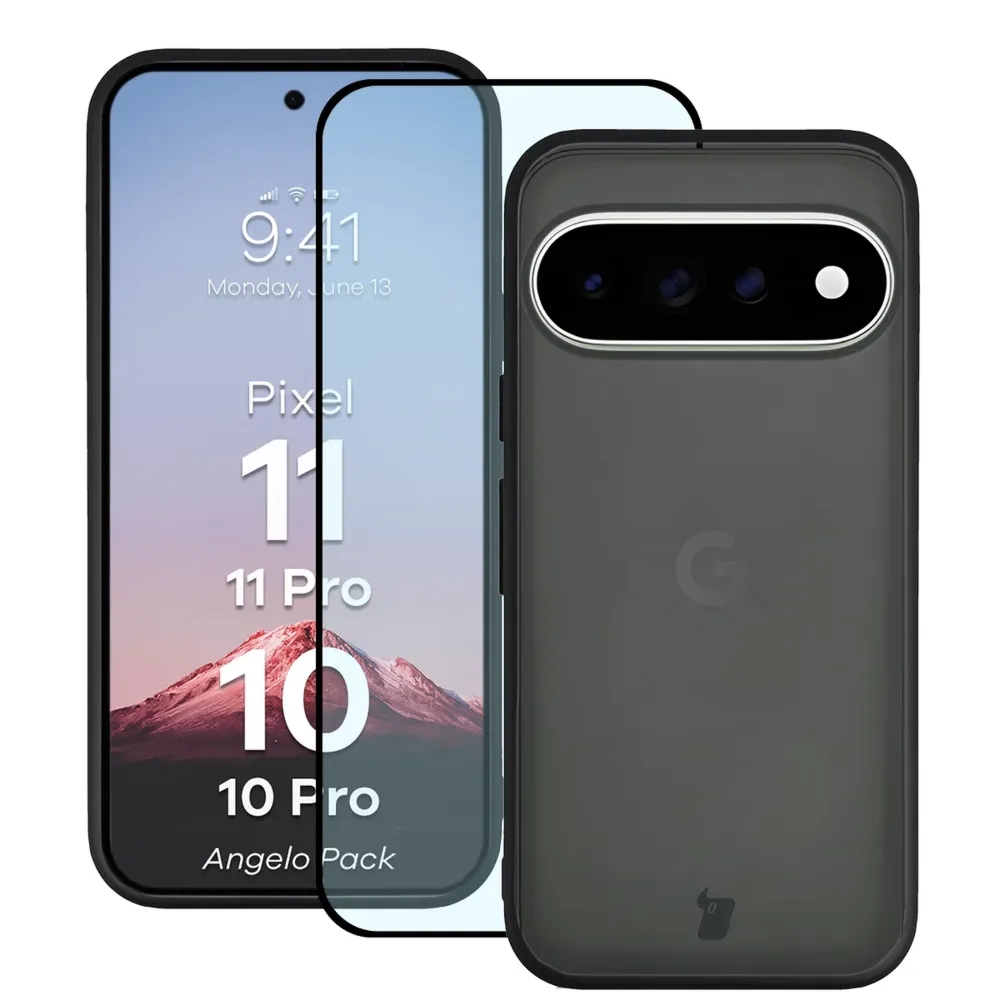 Etui + szkło hartowane Bizon Angelo Pack do Google Pixel 11 / 11 Pro / 10 / 10 Pro, przydymione z czarną ramką
