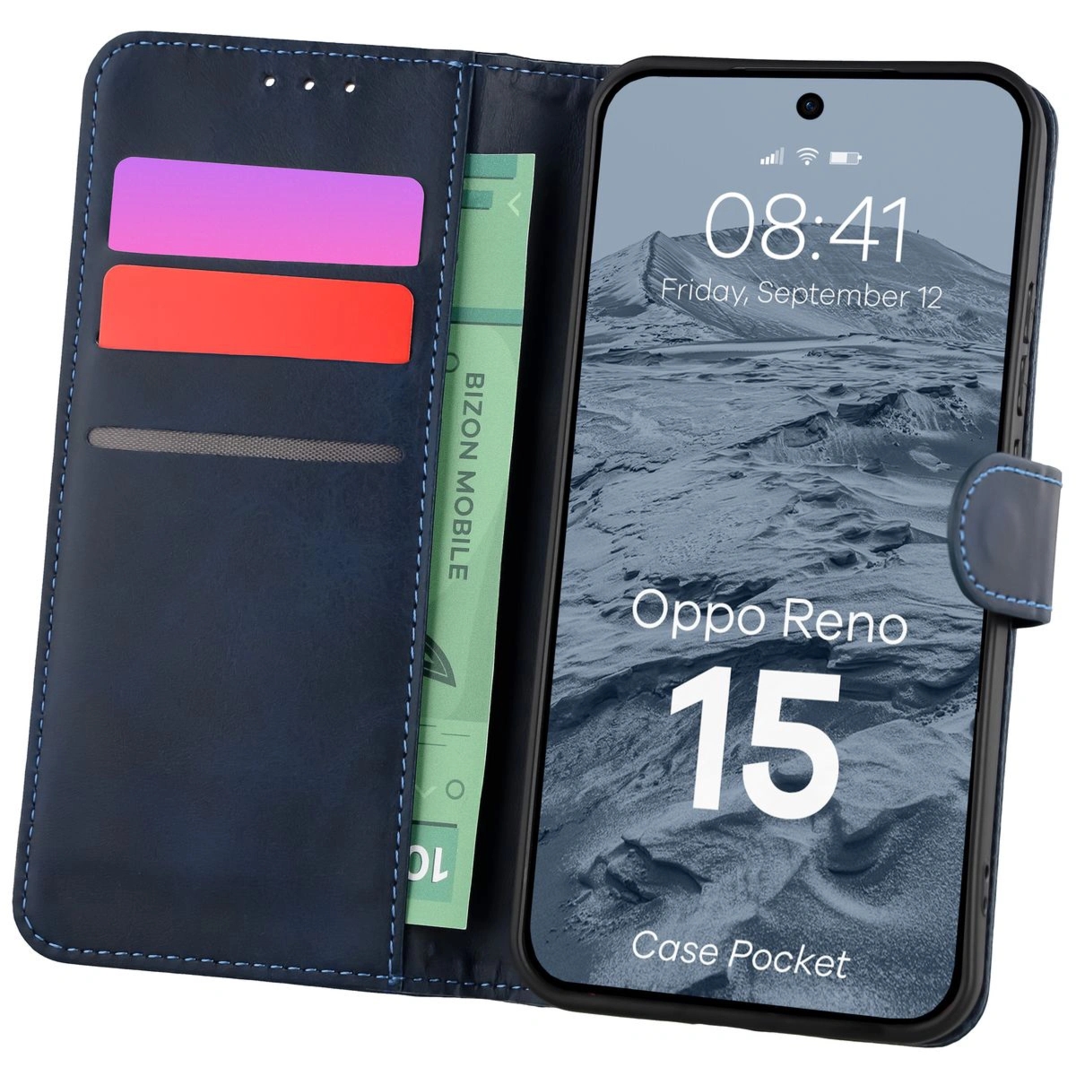 Etui z klapką Bizon Case Pocket do Oppo Reno 15, granatowe