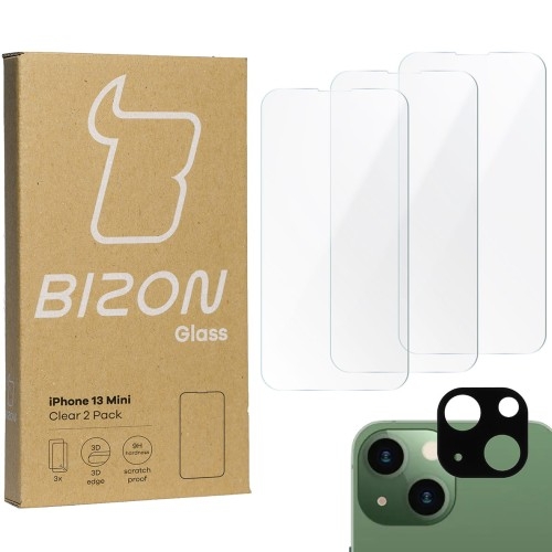 Image of 3x Szkło + szybka na aparat BIZON Clear 2 Pack do iPhone 13 Mini