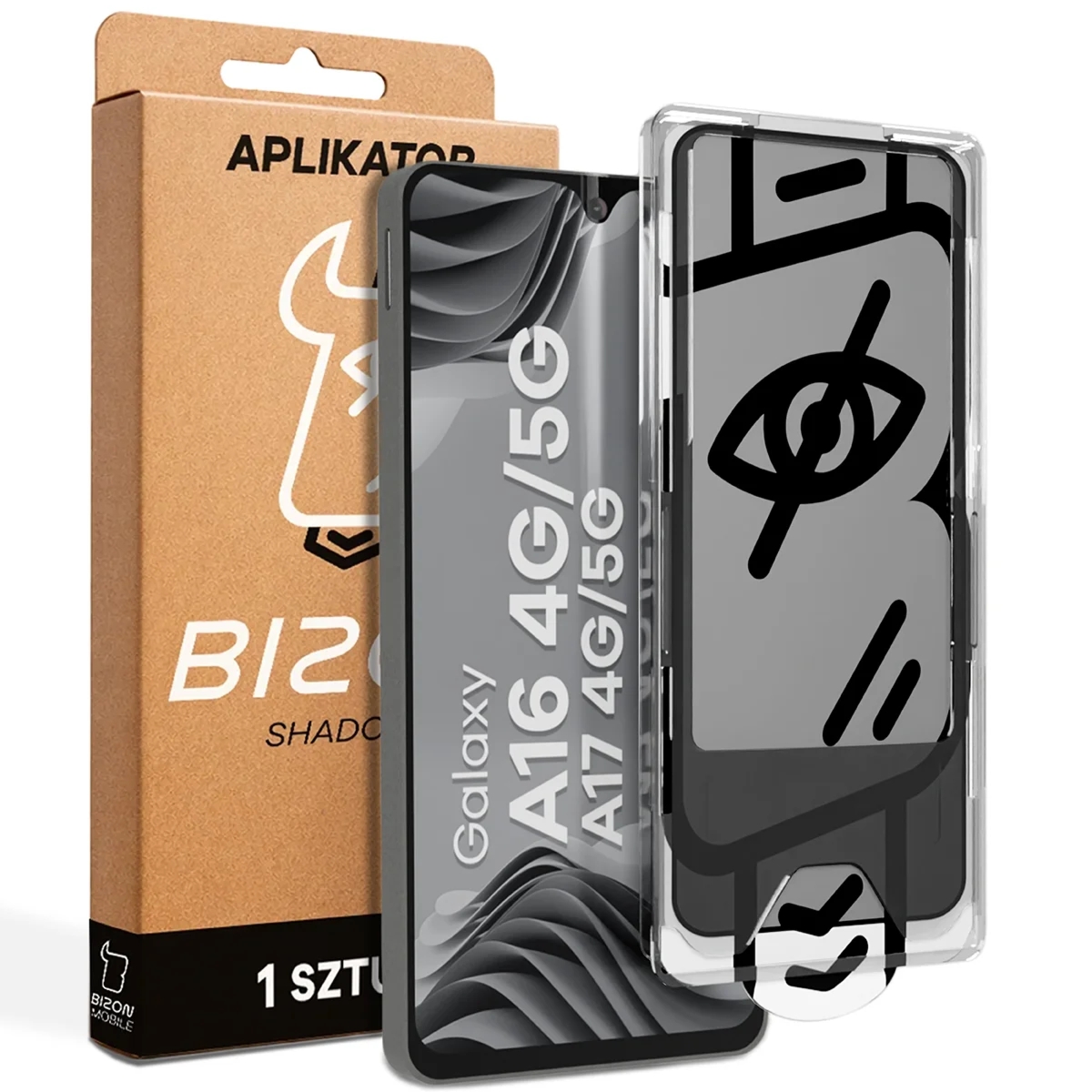 Szkło prywatyzujące z ramką aplikacyjną Bizon Glass Aplikator Shadow do Galaxy A16 / A17, 1 zestaw