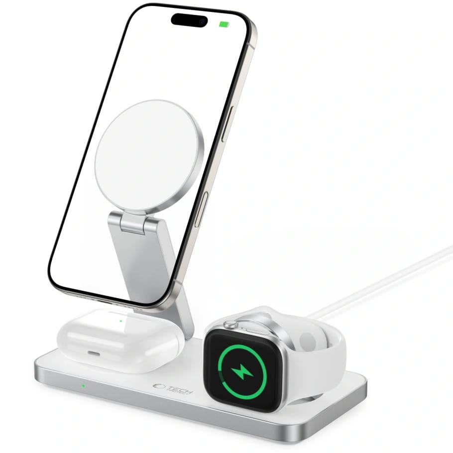 Ładowarka indukcyjna, składana Tech-Protect Qi15W A47 3w1, Qi do MagSafe, biała