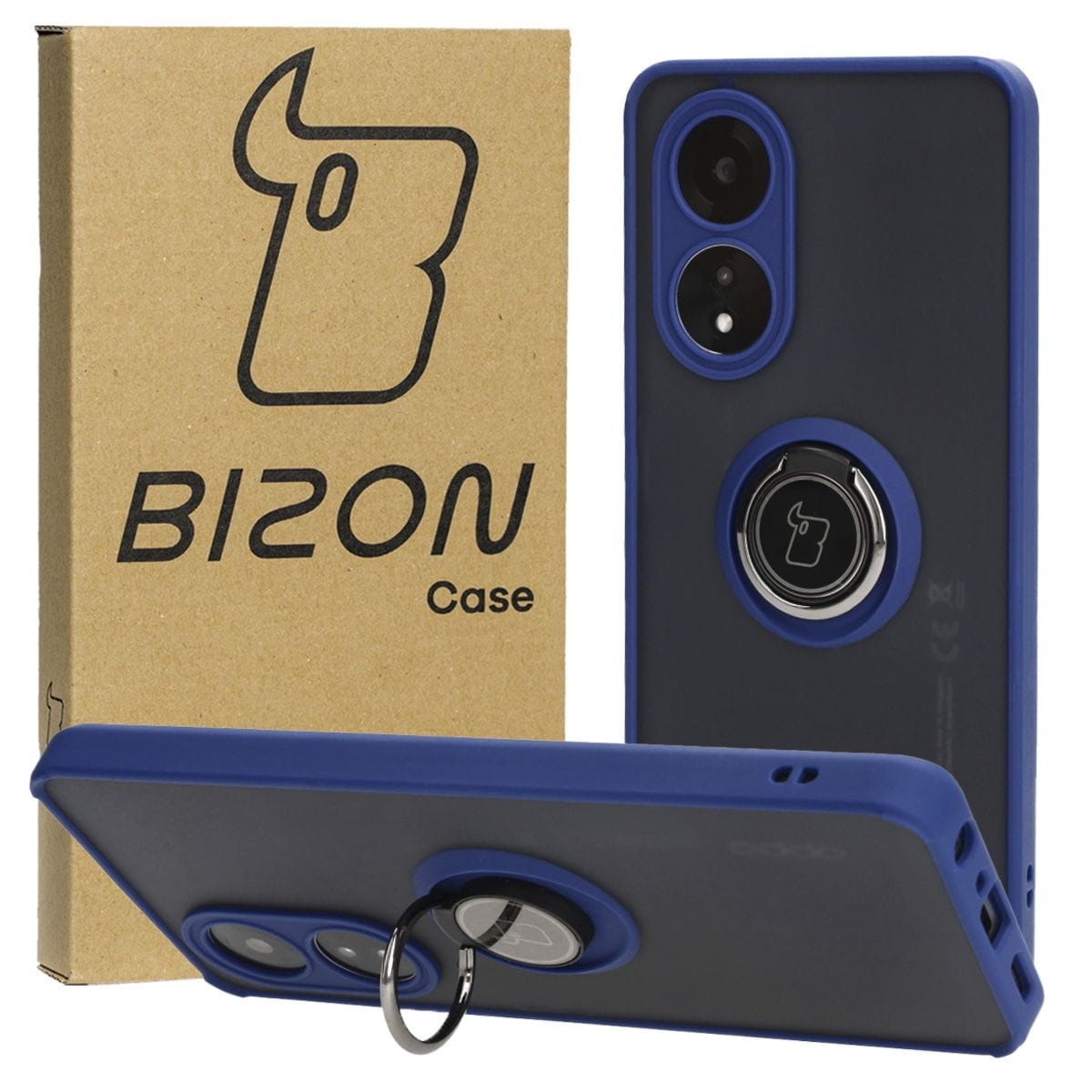 Etui z uchwytem na palec Bizon Case Hybrid Ring do Oppo A58 4G, przydymione z granatową ramką