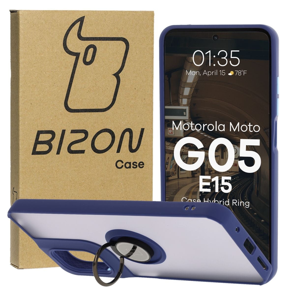 Etui z uchwytem na palec Bizon Case Hybrid Ring do Motorola Moto G05 / E15, przydymione z granatową ramką