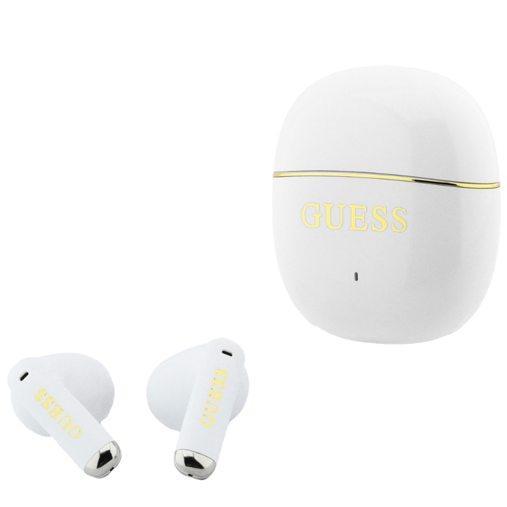 Bezprzewodowe słuchawki dokanałowe Guess Glossy Gold Line Classic Bluetooth 5.4, białe