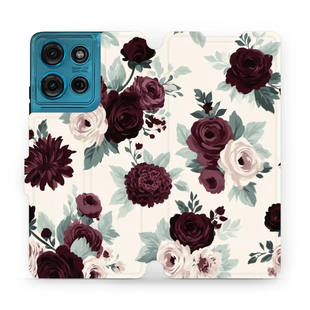Etui z klapką do Motorola Moto G75 5G, Mobiwear Book, róże z szałwią na kremie