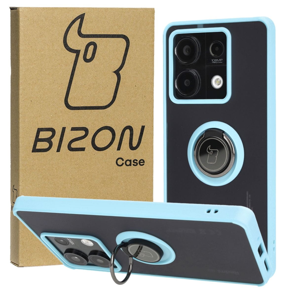 Image of Etui z uchwytem na palec Bizon Case Hybrid Ring do Xiaomi Redmi Note 13 5G, przydymione z jasnoniebieską ramką