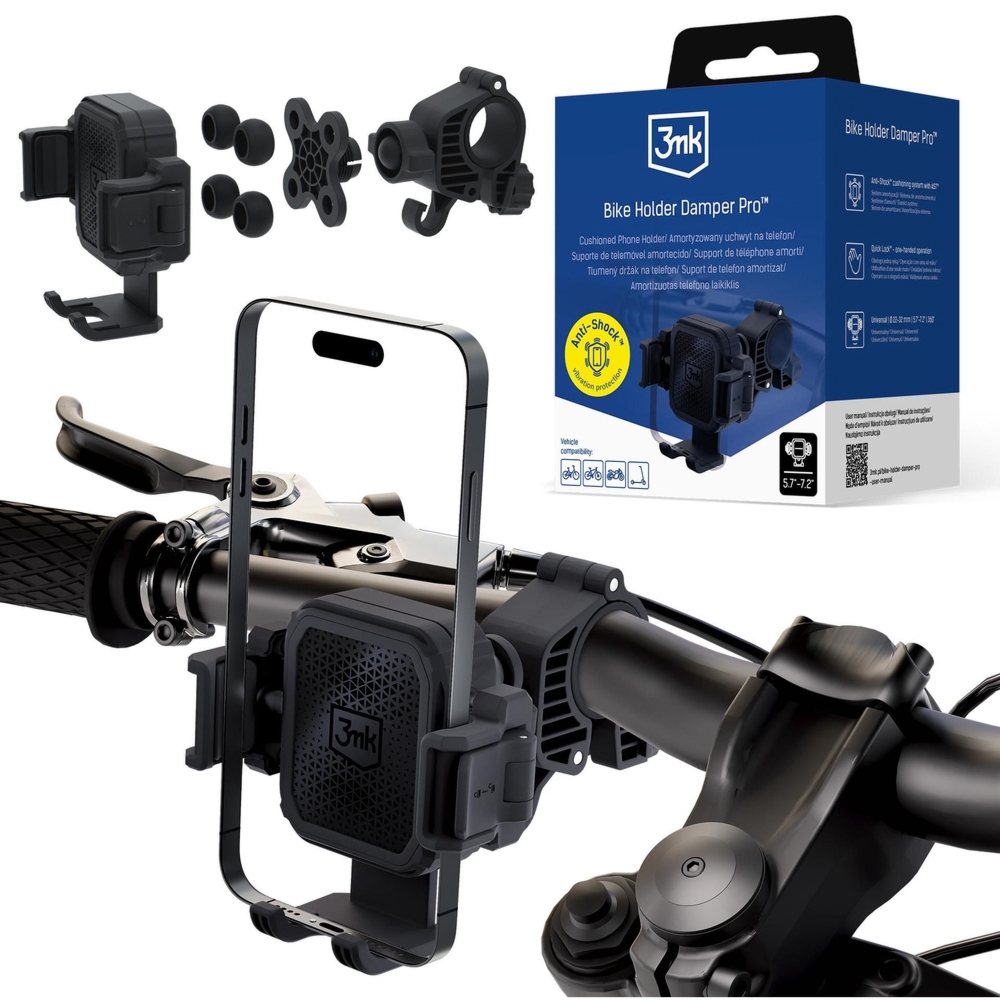 Uchwyt rowerowy 3mk Holder Damper Pro do telefonów 5,7″ – 7,2″ / na kierownicę Ø 20–32 mm, czarny