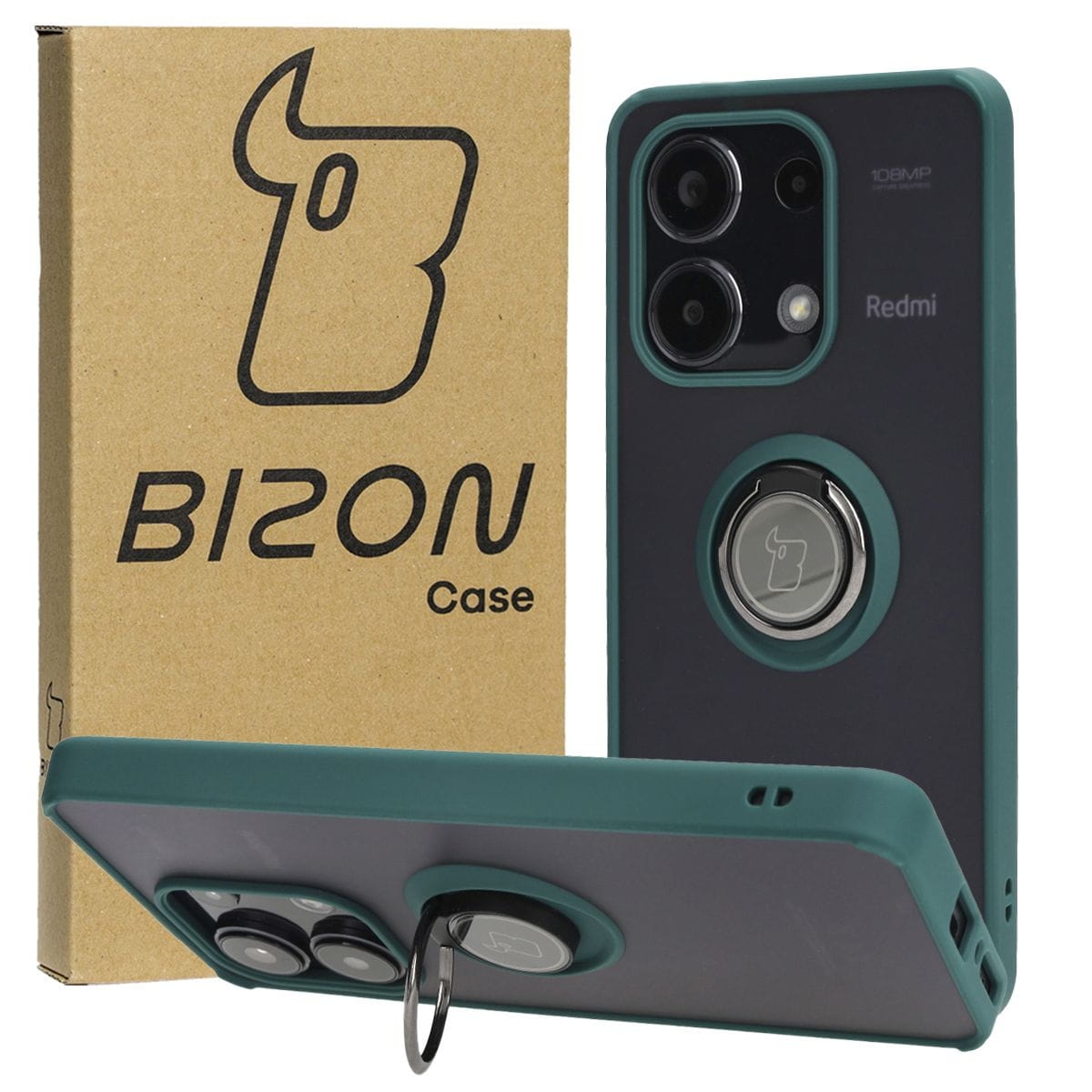 Image of Etui z uchwytem na palec Bizon Case Hybrid Ring do Xiaomi Redmi Note 13 4G, przydymione z ciemnozieloną ramką