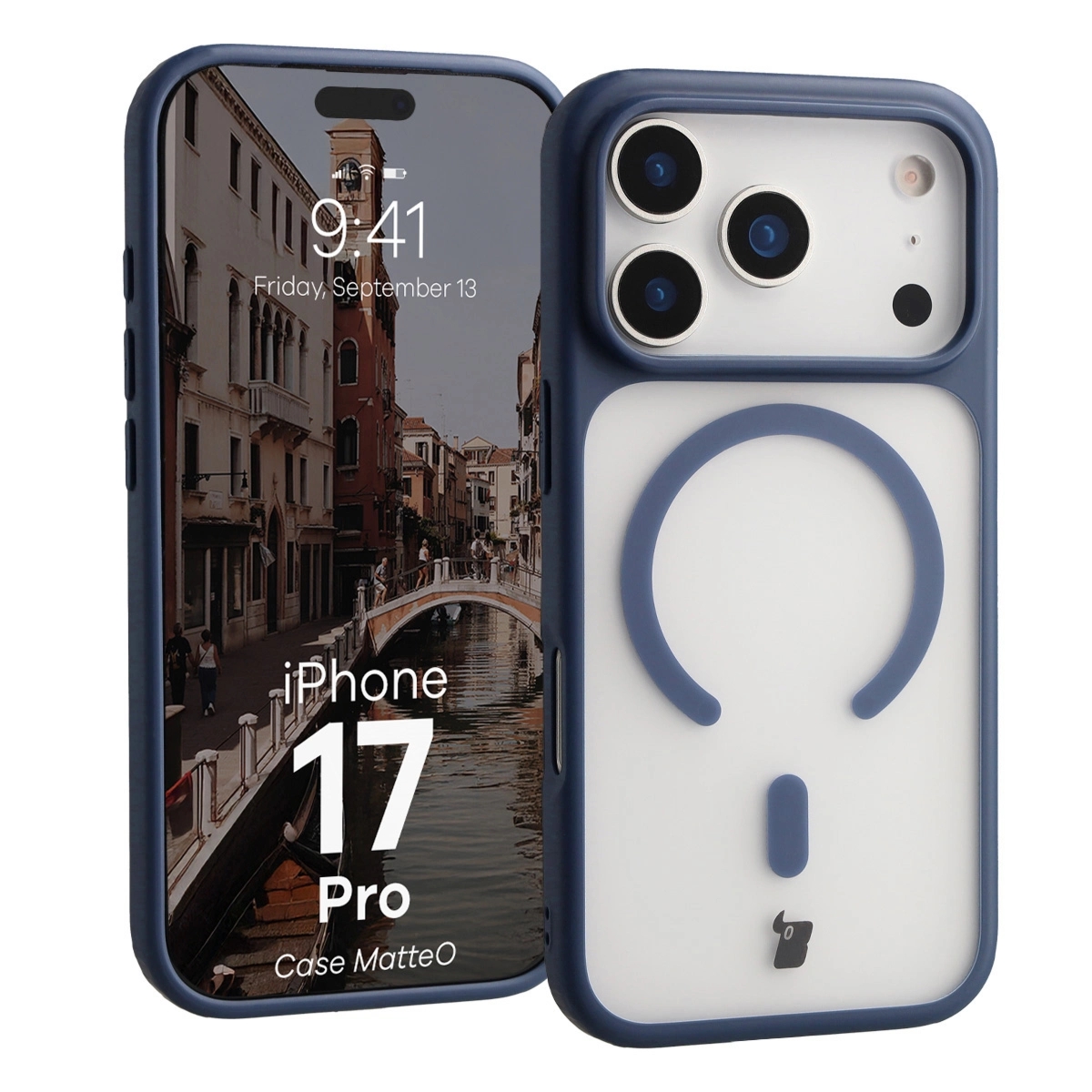 Etui z pierścieniem magnetycznym Bizon Case MatteO do iPhone 17 Pro, przydymione-granatowe