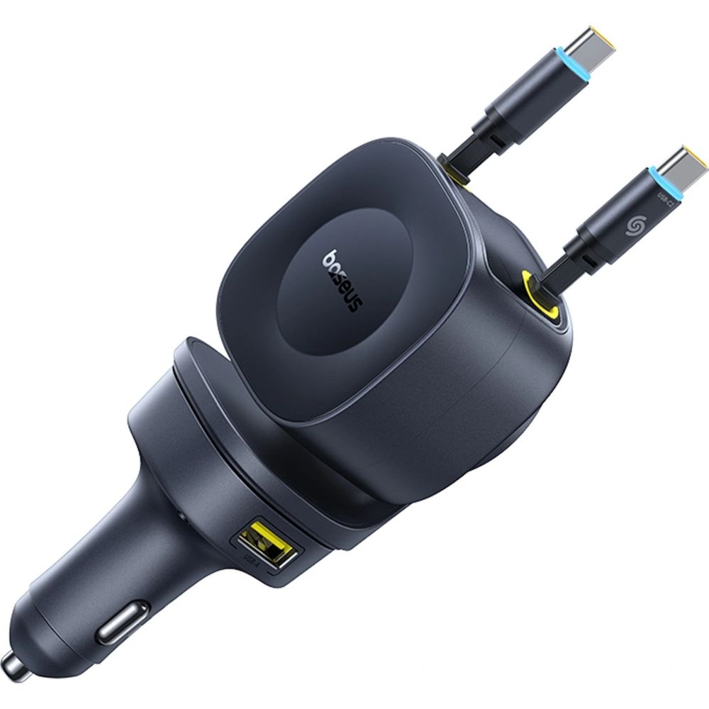 Ładowarka samochodowa Baseus PrimeTrip VR2 Max, USB-A, USB-C, z wysuwanymi kablami USB-C, 60W, QC, PD, Huawei SCP, czarna