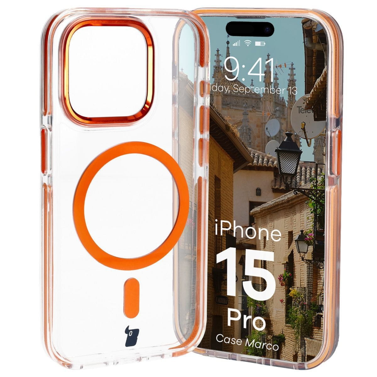 Etui z pierścieniem magnetycznym Bizon Case Marco do iPhone 15 Pro, przezroczyste z pomarańczową ramką