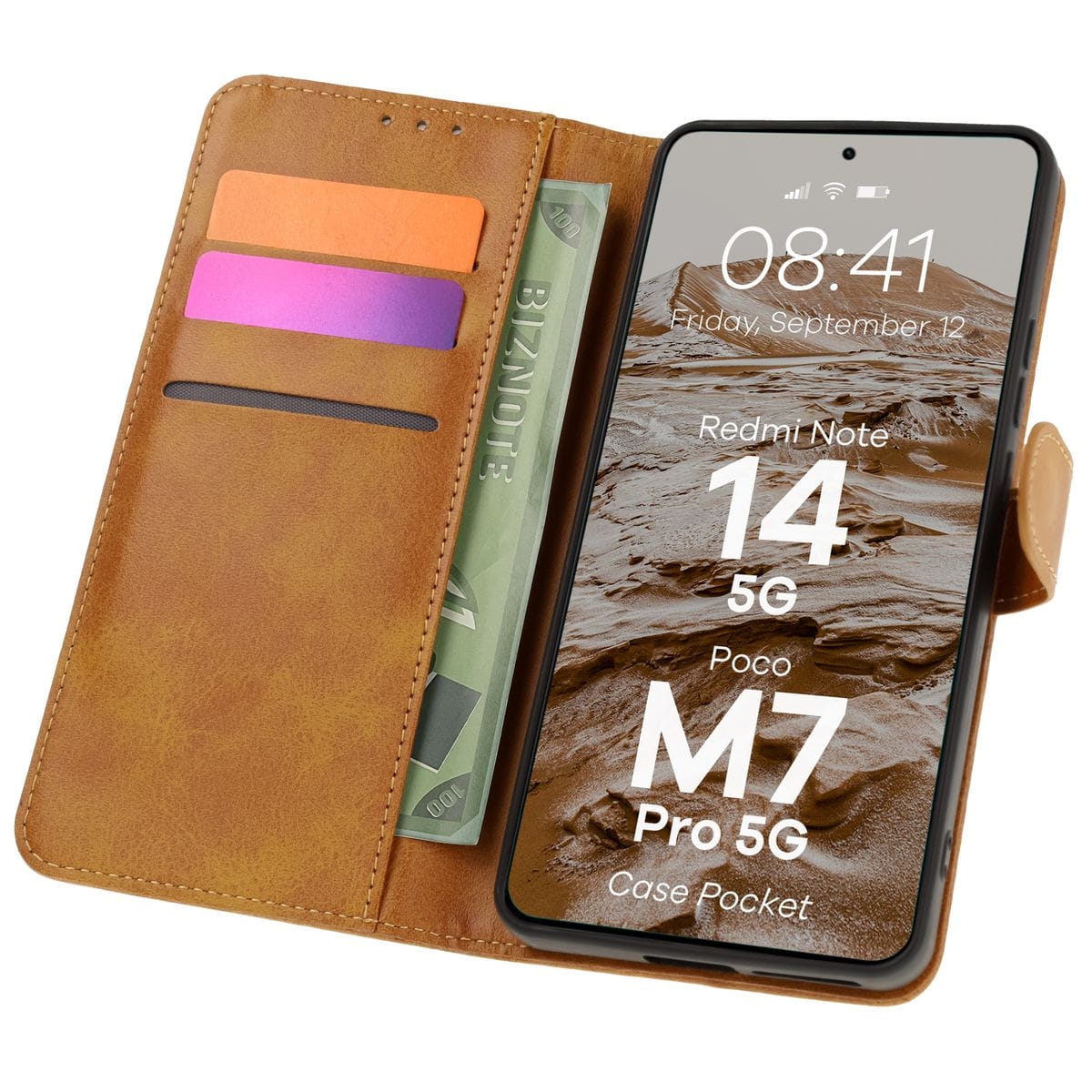 Image of Etui z klapką Bizon Case Pocket do Xiaomi Redmi Note 14 5G / Poco M7 Pro 5G, brązowe