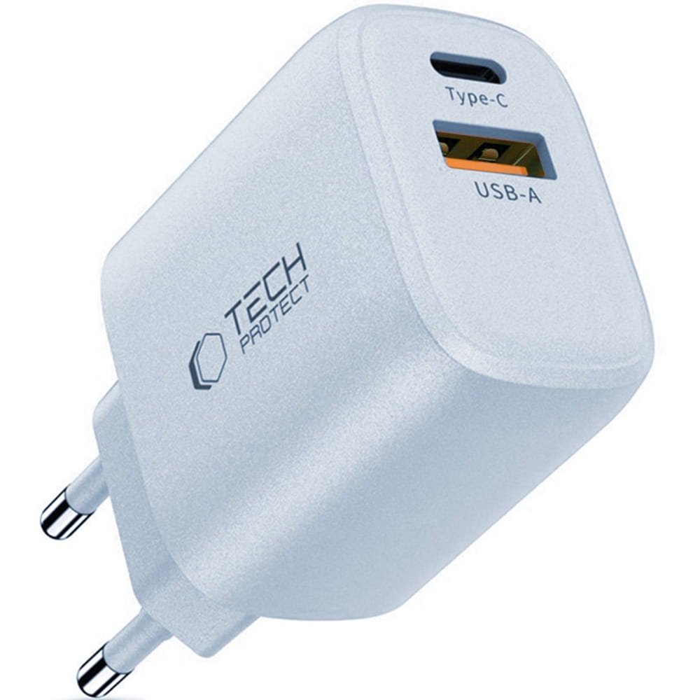 Ładowarka sieciowa USB-C PD, USB-A QC 3.0, 20W, Tech-Protect NCA20, jasnoniebieska