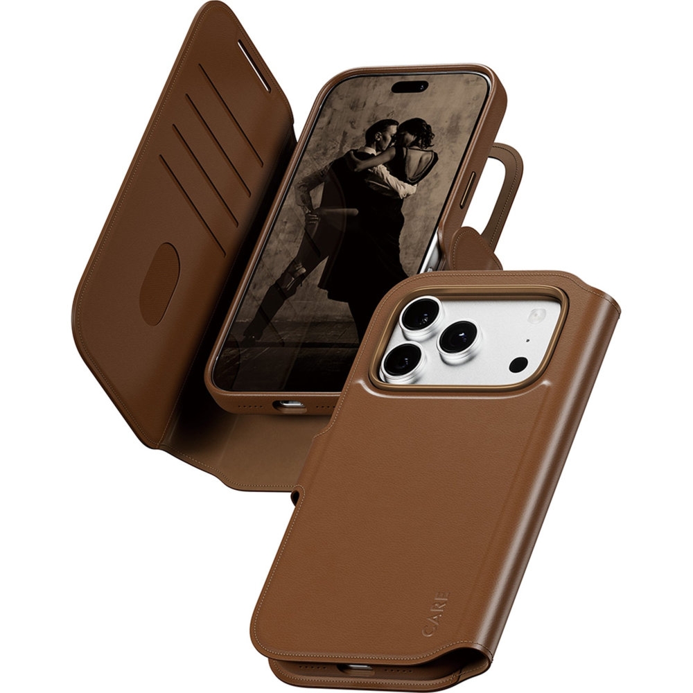 Etui z klapką CARE by PanzerGlass Tango 2w1 Wallet do iPhone 18 Pro / 17 Pro, do MagSafe, brązowe