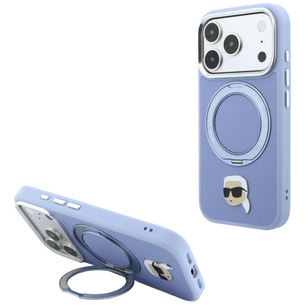 Etui Karl Lagerfeld Ring Stand 360 Karl Head Pin do iPhone 18 Pro / 17 Pro do MagSafe, niebieskie