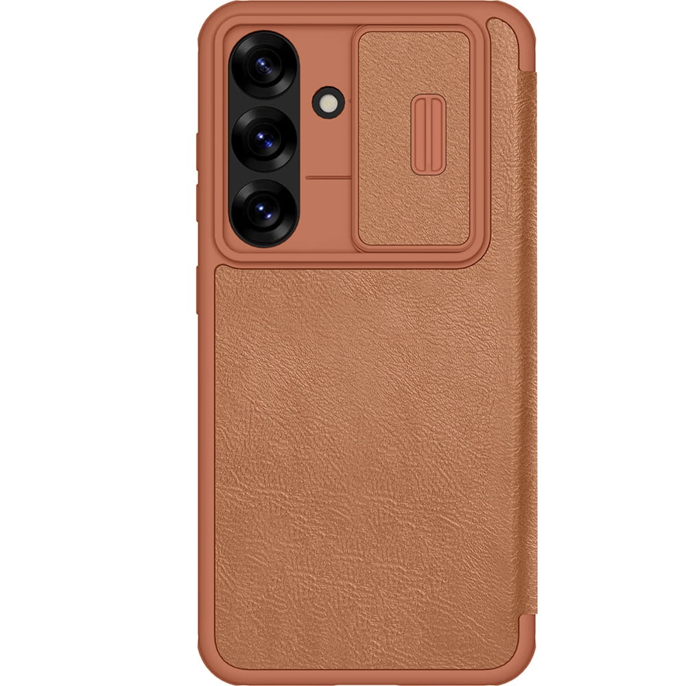 Image of Etui z klapką i ochroną aparatu Nillkin Qin Pro do Galaxy S25, brązowe