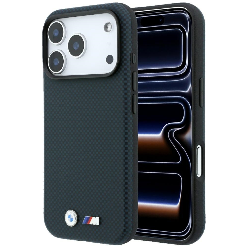 Etui BMW M Quadrille Kevlar Metal Logo MagSafe do iPhone 18 Pro / 17 Pro, granatowe
