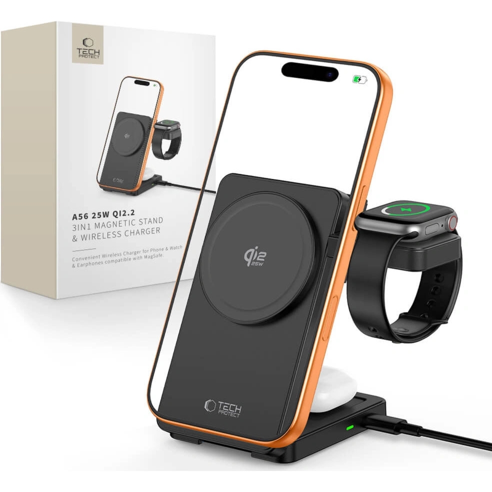 Ładowarka indukcyjna Tech-Protect A56 3in1 Qi2.2 25W do MagSafe / Apple Watch / AirPods, czarna
