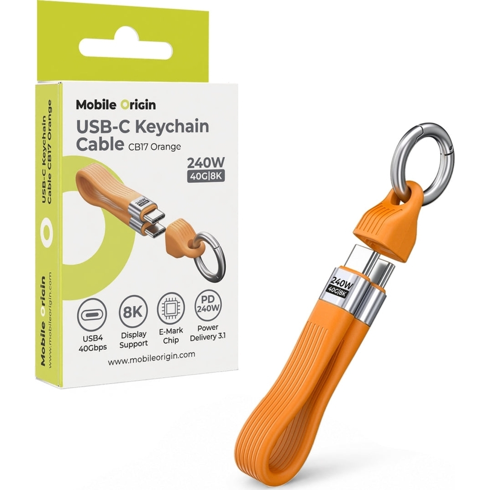 Kabel z karabińczykiem USB-C – USB-C, 240W PD 3.1, 8K/60Hz, Mobile Origin CB17, USB4 40 Gb/s, pomarańczowy