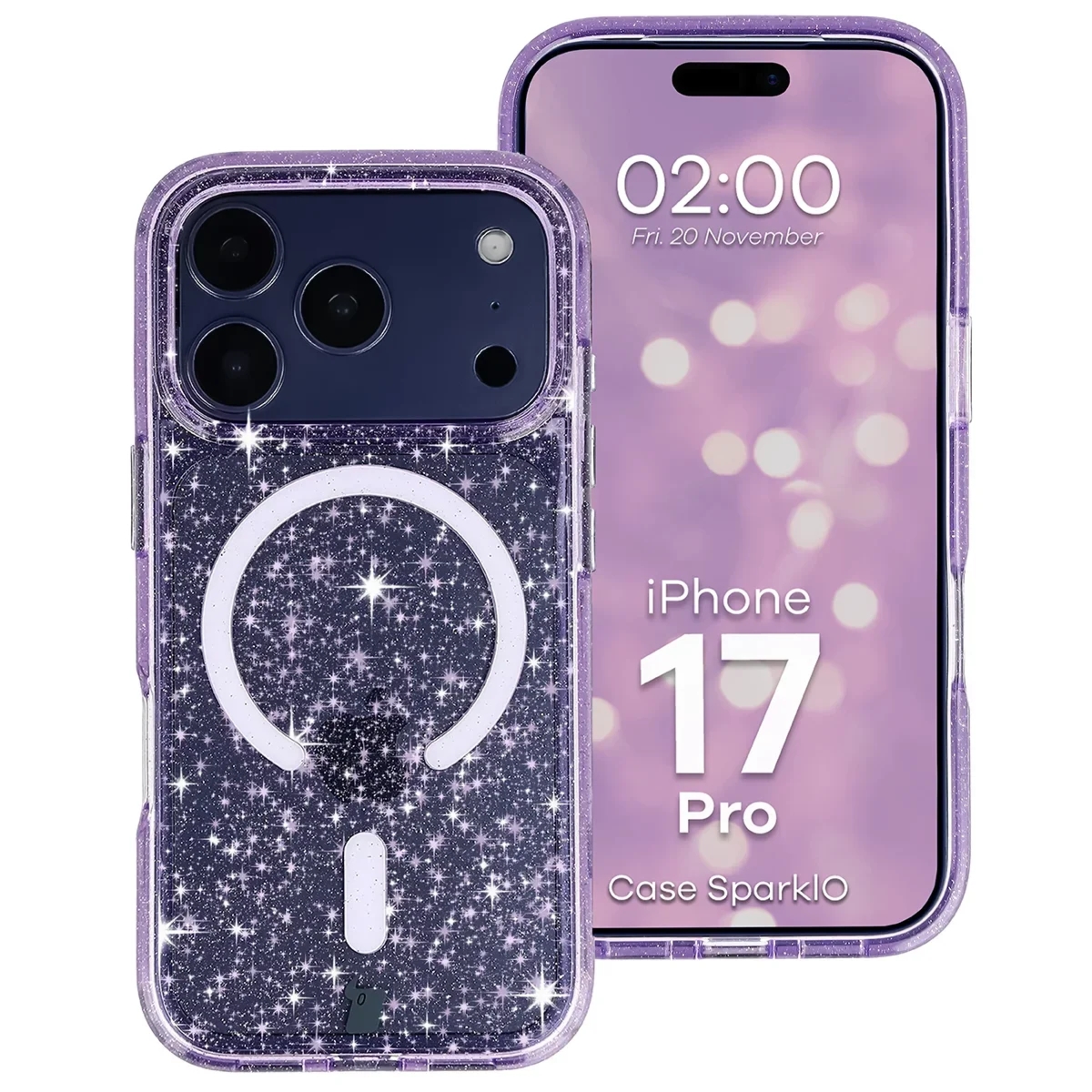 Etui brokatowe z pierścieniem magnetycznym Bizon Case SparklO do iPhone 17 Pro, przezroczysto-fioletowe z brokatem