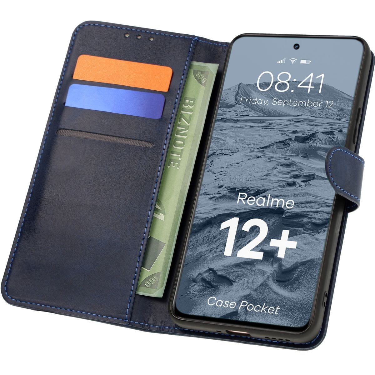 Image of Etui z klapką Bizon Case Pocket do Realme 12+, granatowe