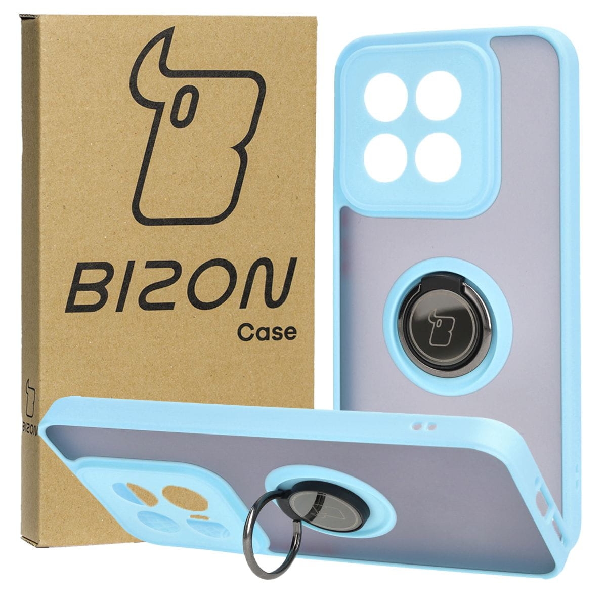 Image of Etui z uchwytem na palec Bizon Case Hybrid Ring do Xiaomi 14, przydymione z jasnoniebieską ramką