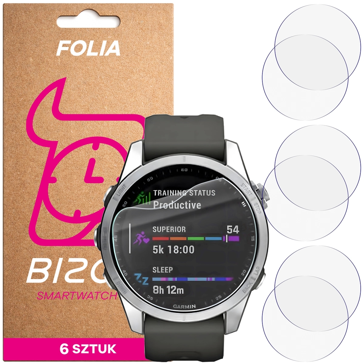 Folia ochronna na ekran zegarka Bizon Watch Film HydroFlex do Garmin Fenix 7S, 6 sztuk