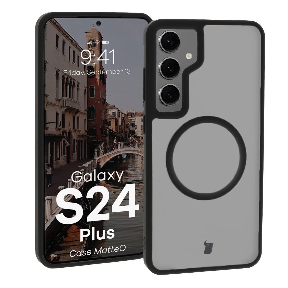 Etui z pierścieniem magnetycznym Bizon Case MatteO do Galaxy S24 Plus, półprzezroczyste z czarną ramką