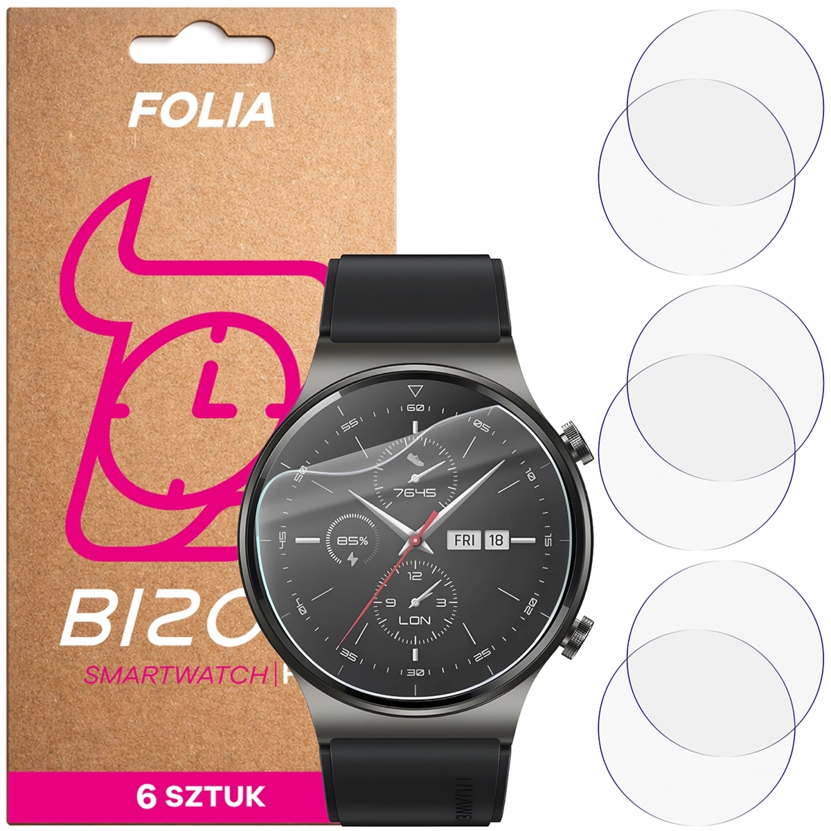 Folia ochronna na ekran zegarka Bizon Watch Film HydroFlex do Huawei Watch GT 2 Pro, 6 sztuk