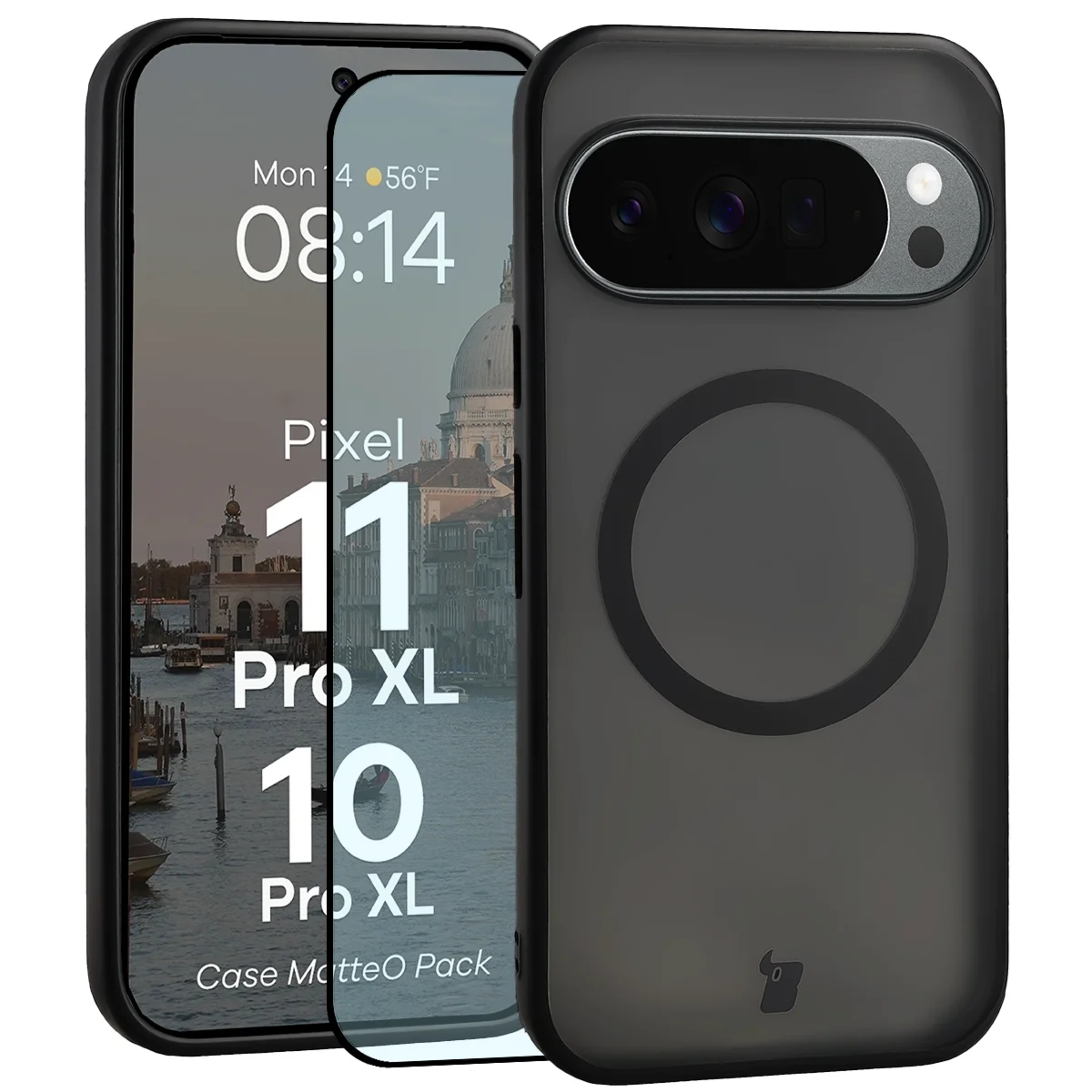 Etui z pierścieniem magnetycznym + szkło hartowane Bizon MatteO Pack do Google Pixel 11 Pro XL / 10 Pro XL, przydymione-czarne