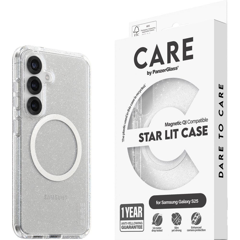 Image of Etui CARE by PanzerGlass Flagship Urban Combat Qi, do MagSafe, do Galaxy S25, przezroczyste z brokatem