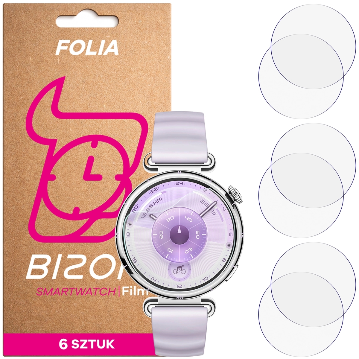Folia ochronna na ekran zegarka Bizon Watch Film HydroFlex do Huawei Watch GT6 41 mm, 6 sztuk