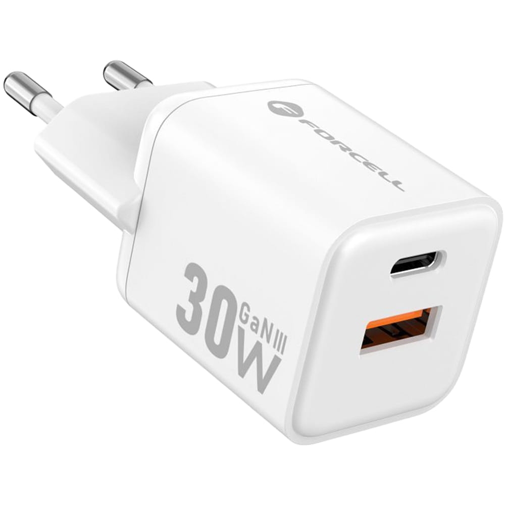Image of Ładowarka sieciowa Forcell F-Energy Mini VT-35 30W, USB-C PD, USB-A QC 4.0, GaN, biała