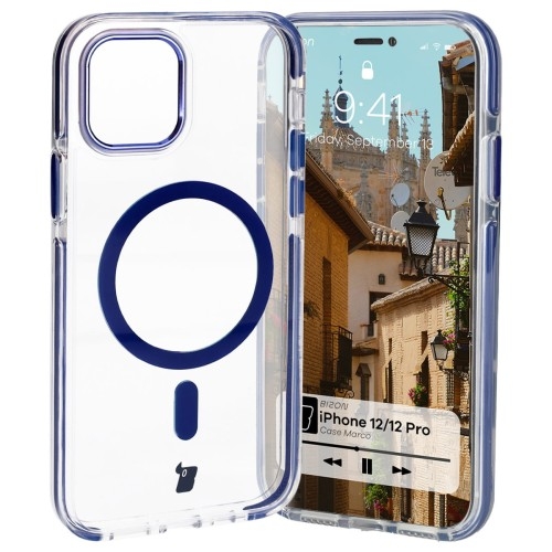 Image of Etui z pierścieniem magnetycznym Bizon Case Marco do iPhone 12 Pro / 12, przezroczyste z niebieską ramką