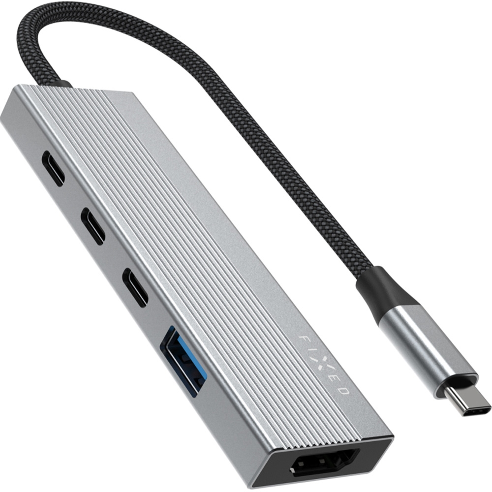 Hub, adapter Fixed Core 5in1, USB-C 100W PD 3.0, 2x USB-C 2.0 480 Mbps, USB-A 3.0, HDMI 4K/60Hz, szary